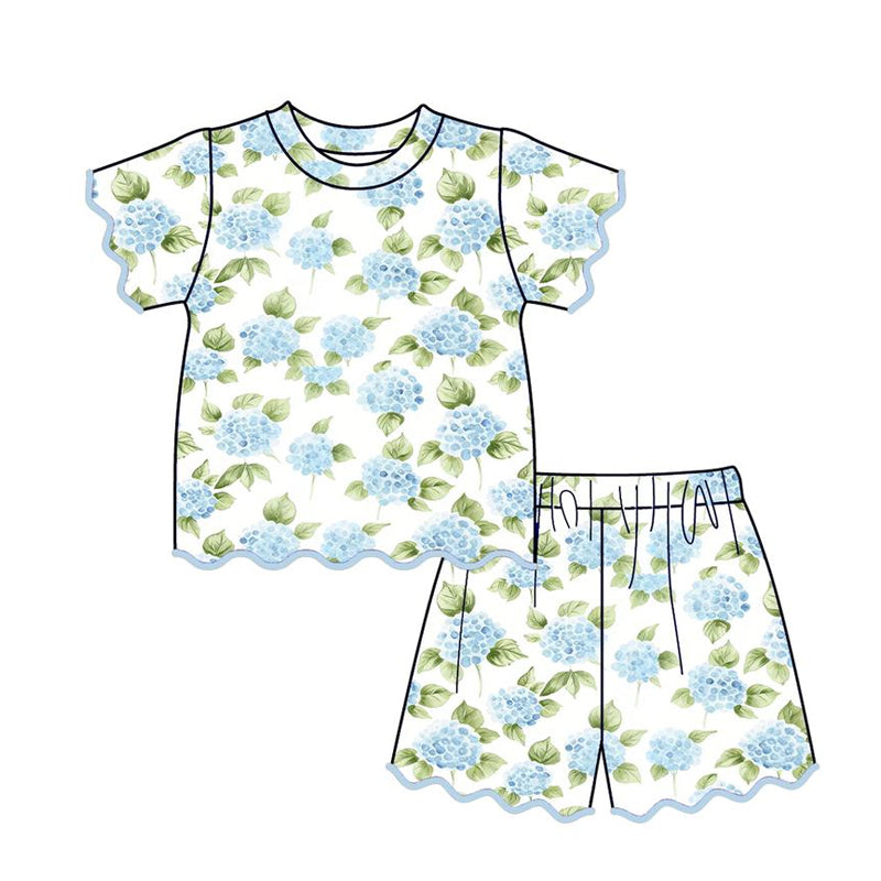 Baby Girls Blue Flowers Top Short Scallop Clothes Sets Preorder