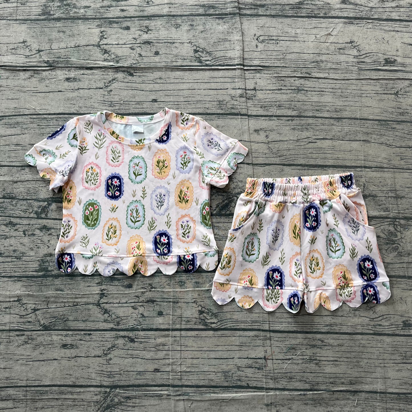 Baby Girls Colorful Flowers Top Pockets Short Scallop Clothes Sets