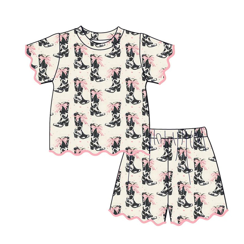 Baby Girls Bows Boots Top Short Scallop Western Clothes Sets Preorder