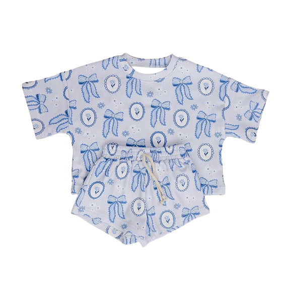 Baby Girls Blue Bows Flowers Top Short Clothes Set Preorder