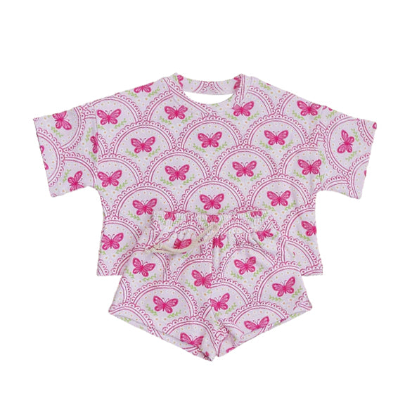 Baby Girls Pink Butterfly Flowers Checked Top Short Clothes Set Preorder