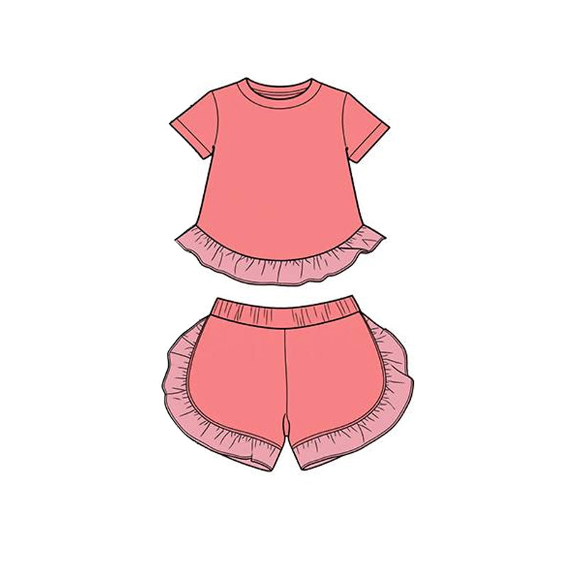 Baby Girls Peach Short Sleeve Shirt Top Ruffle Short Clothes Set Preorder