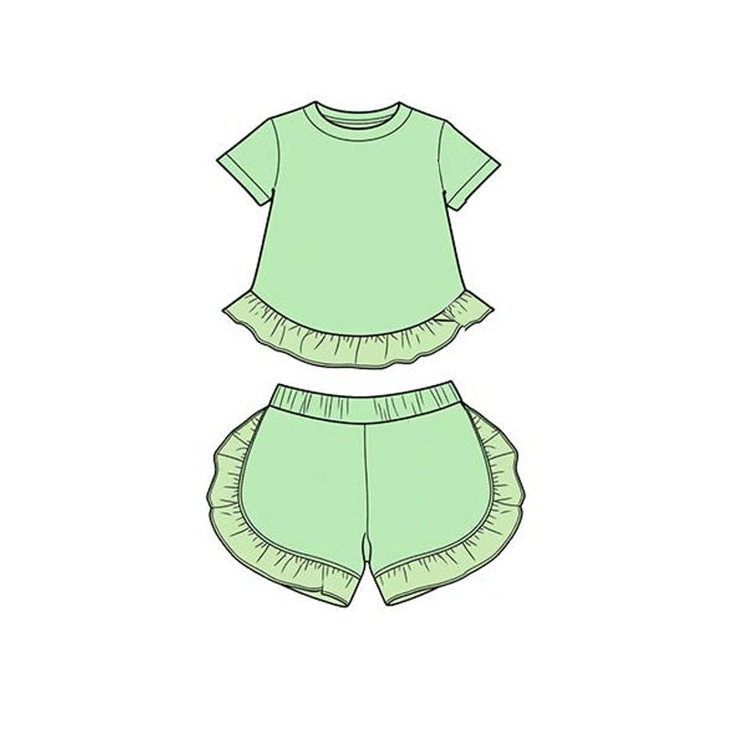 Baby Girls Green Short Sleeve Shirt Top Ruffle Short Clothes Set Preorder