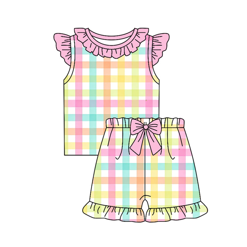 Baby Girls Flutter Sleeve Colorful Checked Shirt Top Ruffle Short Clothes Set Preorder