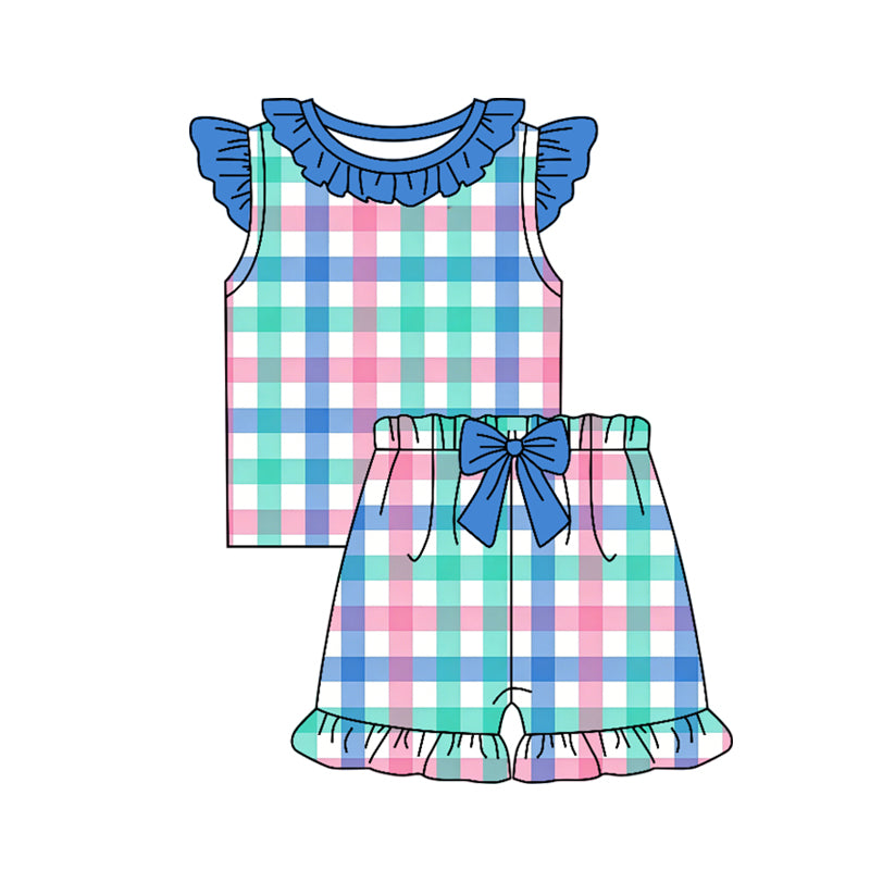 Baby Girls Flutter Sleeve Colorful Checked Shirt Top Ruffle Short Clothes Set Preorder