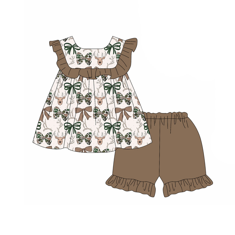 Baby Girls Sleeveless Camo Bows Deer Tunic Ruffle Short Hunting Clothes Set Preorder