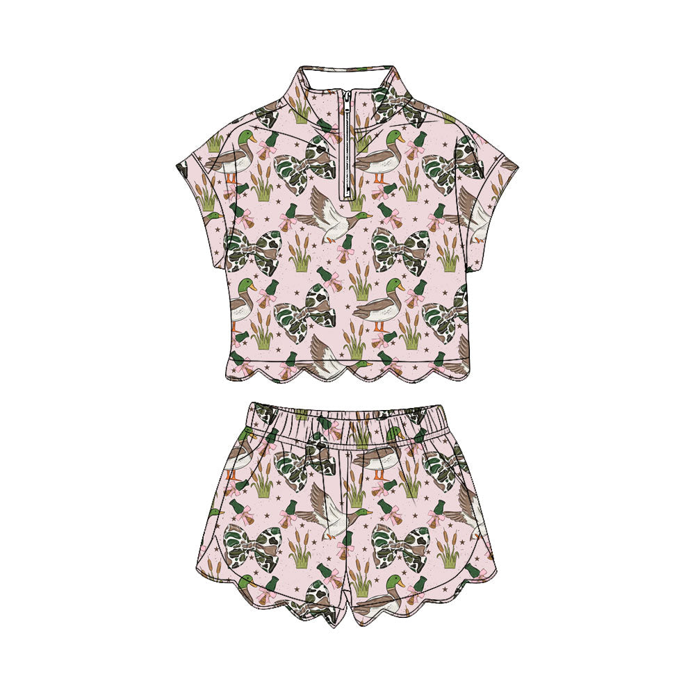 Baby Girls Camo Bows Ducks Zipper Top Short Scallop Hunting Clothes Sets Preorder