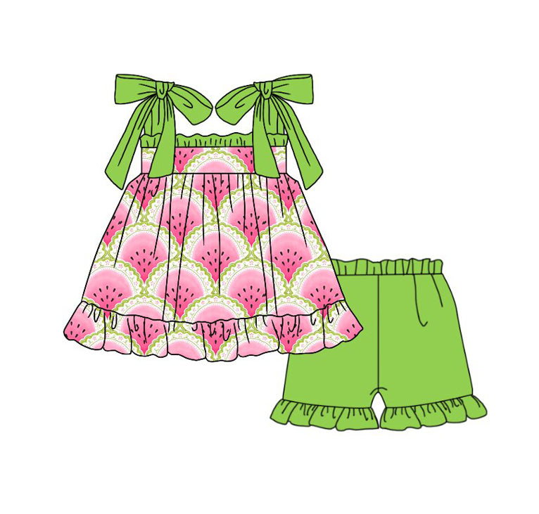 Baby Girls Strap Watermelons Checked Tunic Ruffle Short Clothes Set Preorder