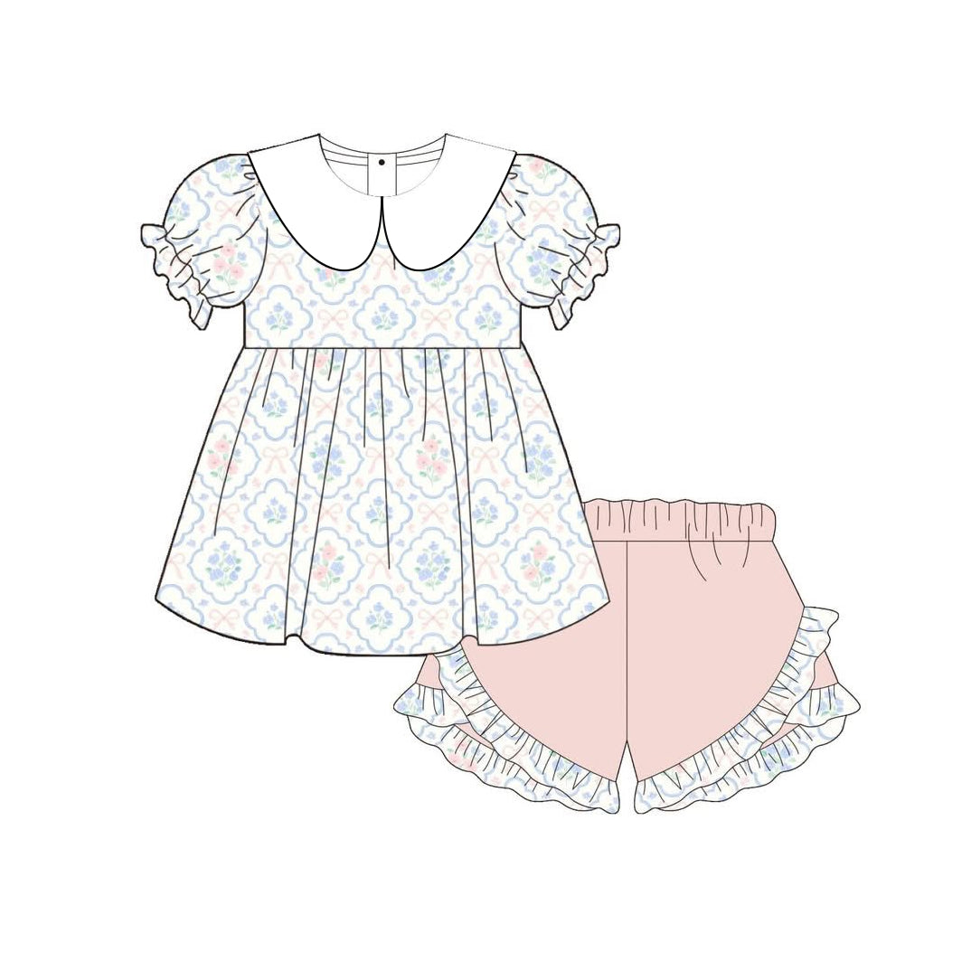 Baby Girls Bows Flowers Checked Collar Tunic Ruffle Short Clothes Set Preorder