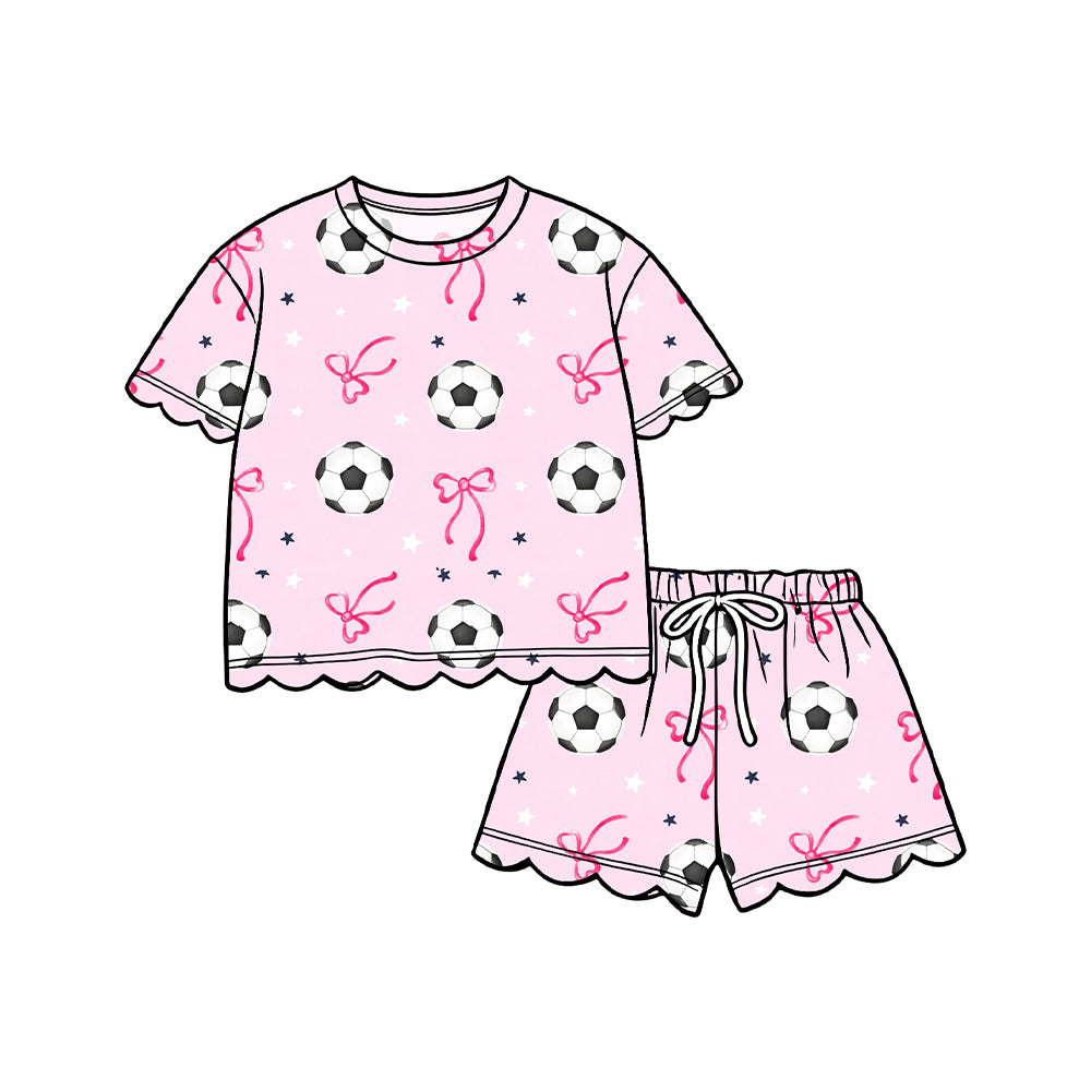 Baby Girls Short Sleeve Footballs Bows Top Short Team Scallop Clothes Set Preorder