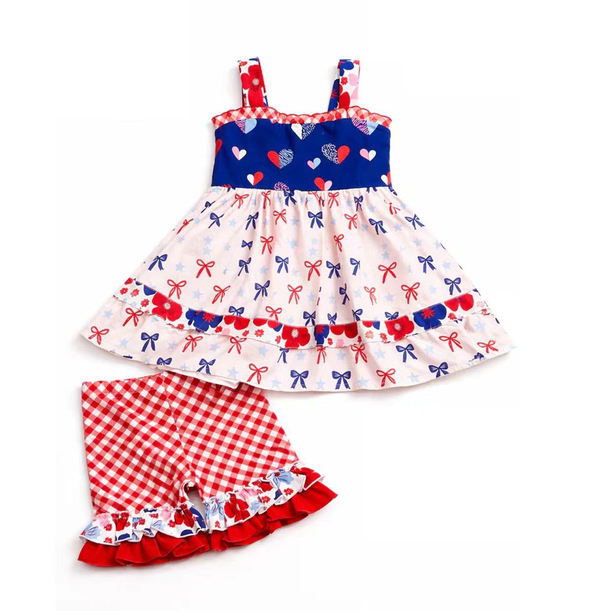 Baby Girls Strap Bows Flowers Tunic Checked Ruffle Short 4th of July Clothes Set Preorder