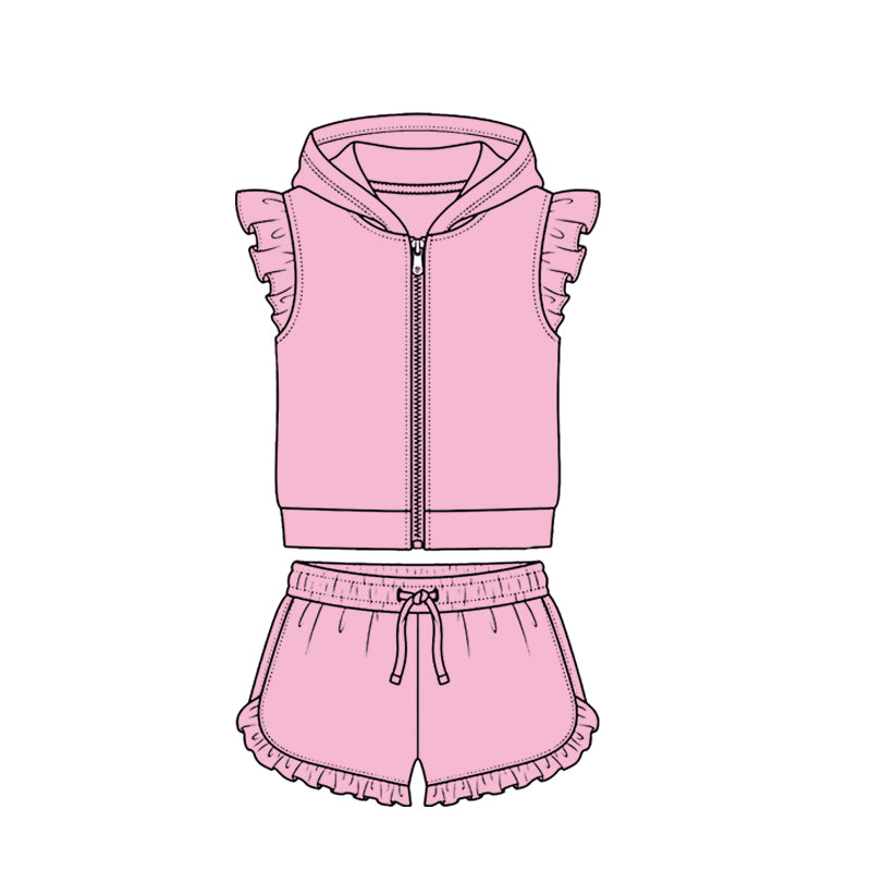Baby Girls Light Pink Zipper Hoodie Jacket Ruffle Shorts Clothes Set Preorder