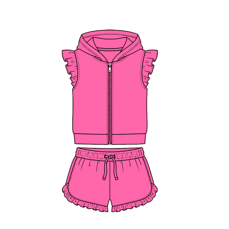 Baby Girls Hot Pink Zipper Hoodie Jacket Ruffle Shorts Clothes Set Preorder