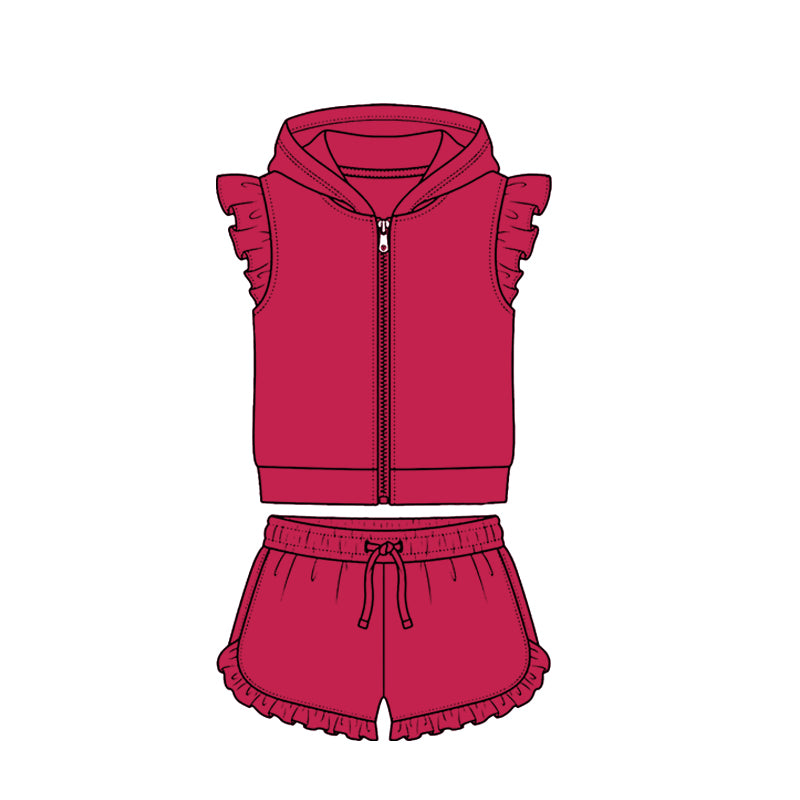 Baby Girls Red Zipper Hoodie Jacket Ruffle Shorts Clothes Set Preorder