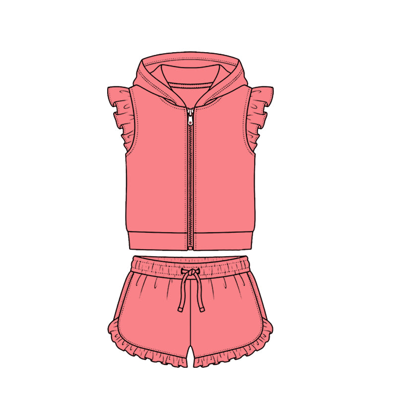 Baby Girls Peach Zipper Hoodie Jacket Ruffle Shorts Clothes Set Preorder
