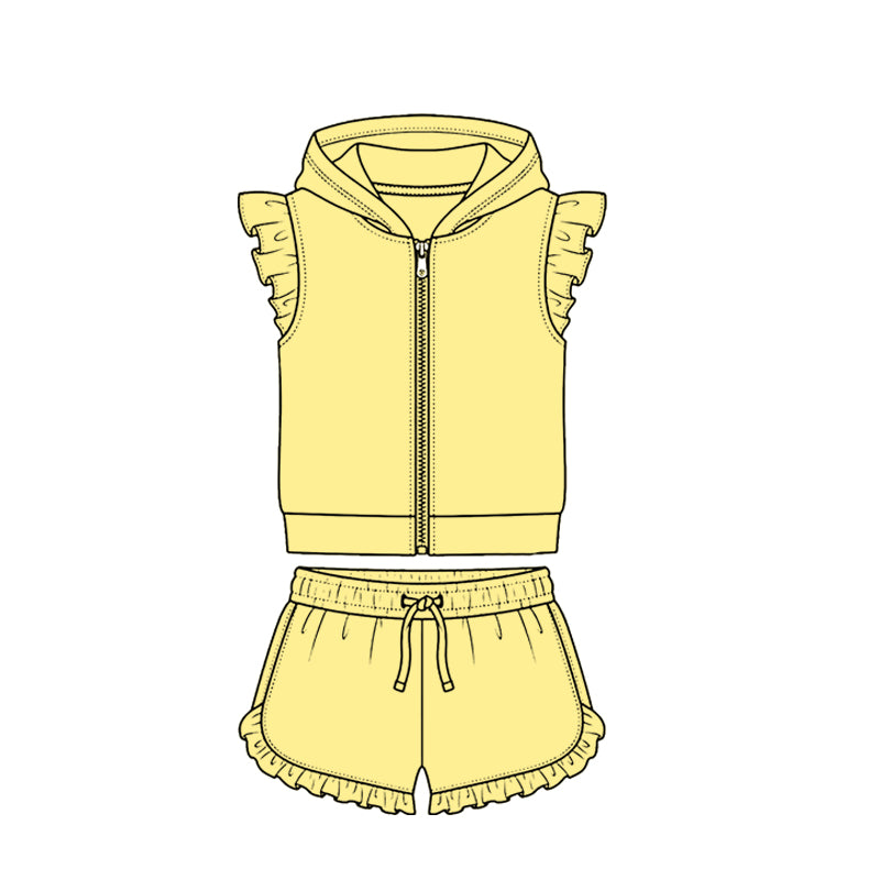 Baby Girls Yellow Zipper Hoodie Jacket Ruffle Shorts Clothes Set Preorder