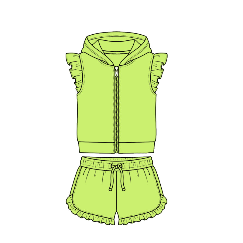 Baby Girls Green Zipper Hoodie Jacket Ruffle Shorts Clothes Set Preorder