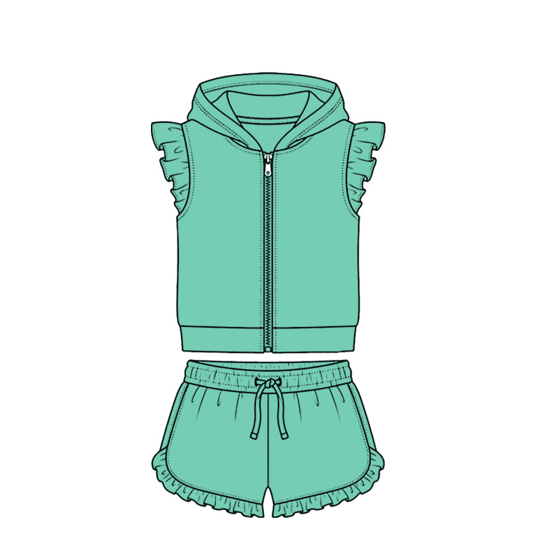 Baby Girls Aqua Zipper Hoodie Jacket Ruffle Shorts Clothes Set Preorder