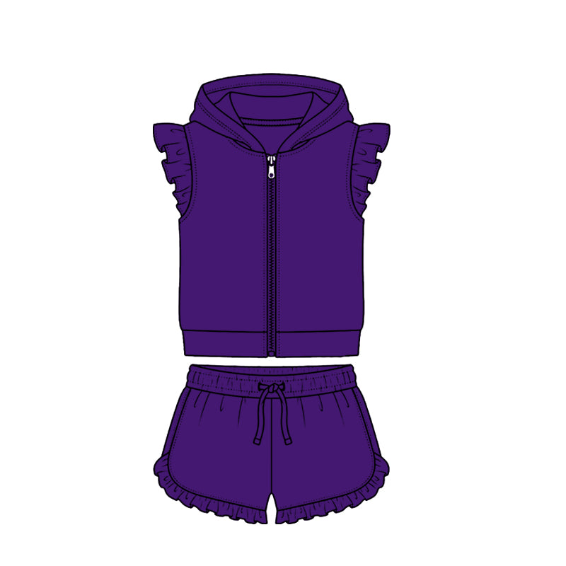 Baby Girls Purple Zipper Hoodie Jacket Ruffle Shorts Clothes Set Preorder