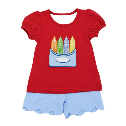 Embroidery Pencils Baby Girls Tunic Scallop Short Back to School Clothes Set Preorder