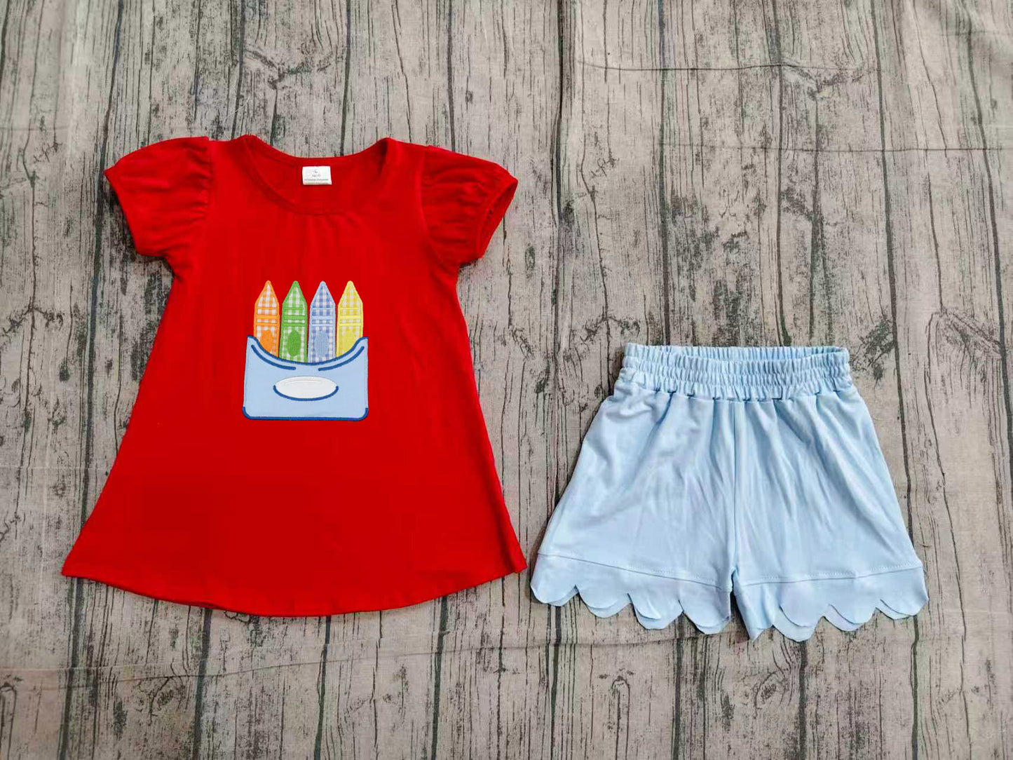 Embroidery Pencils Baby Girls Tunic Scallop Short Back to School Clothes Set