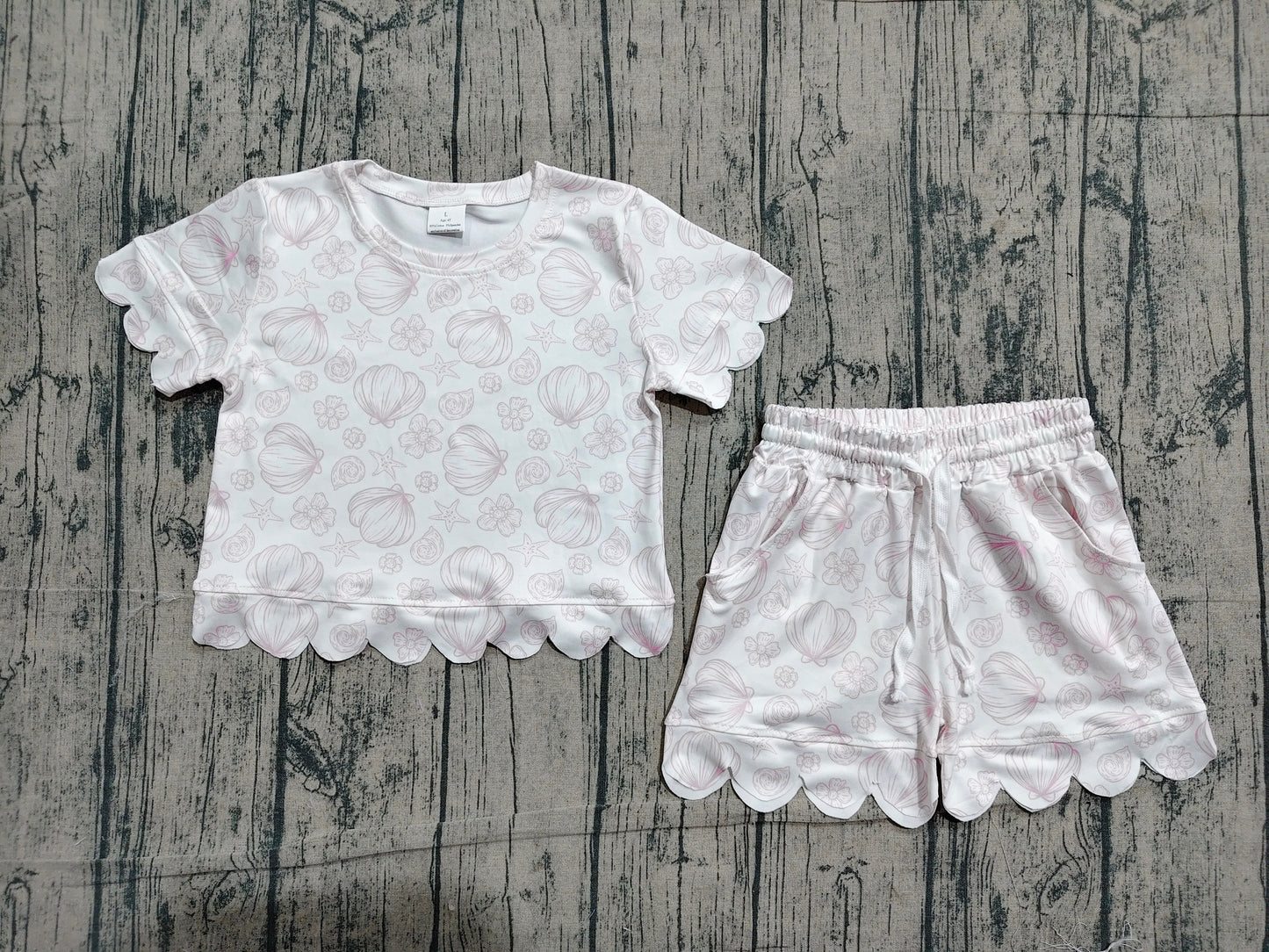 Baby Girls Shells Flowers Top Pockets Short Scallop Clothes Set