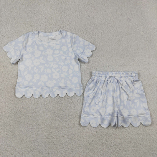Baby Girls Light Blue Flowers Top Pockets Short Scallop Clothes Set