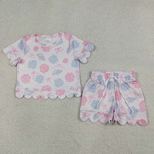 Baby Girls Bows Flower Shells Top Pockets Short Scallop Clothes Set