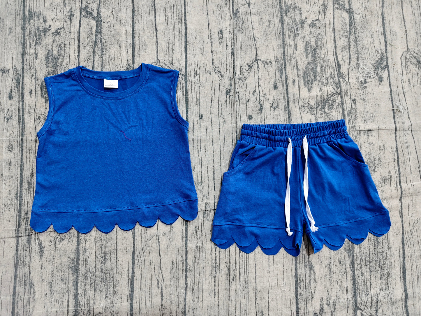 Baby Girls Hot Blue Sleeveless Vest Top Pockets Short Scallop Clothes Set