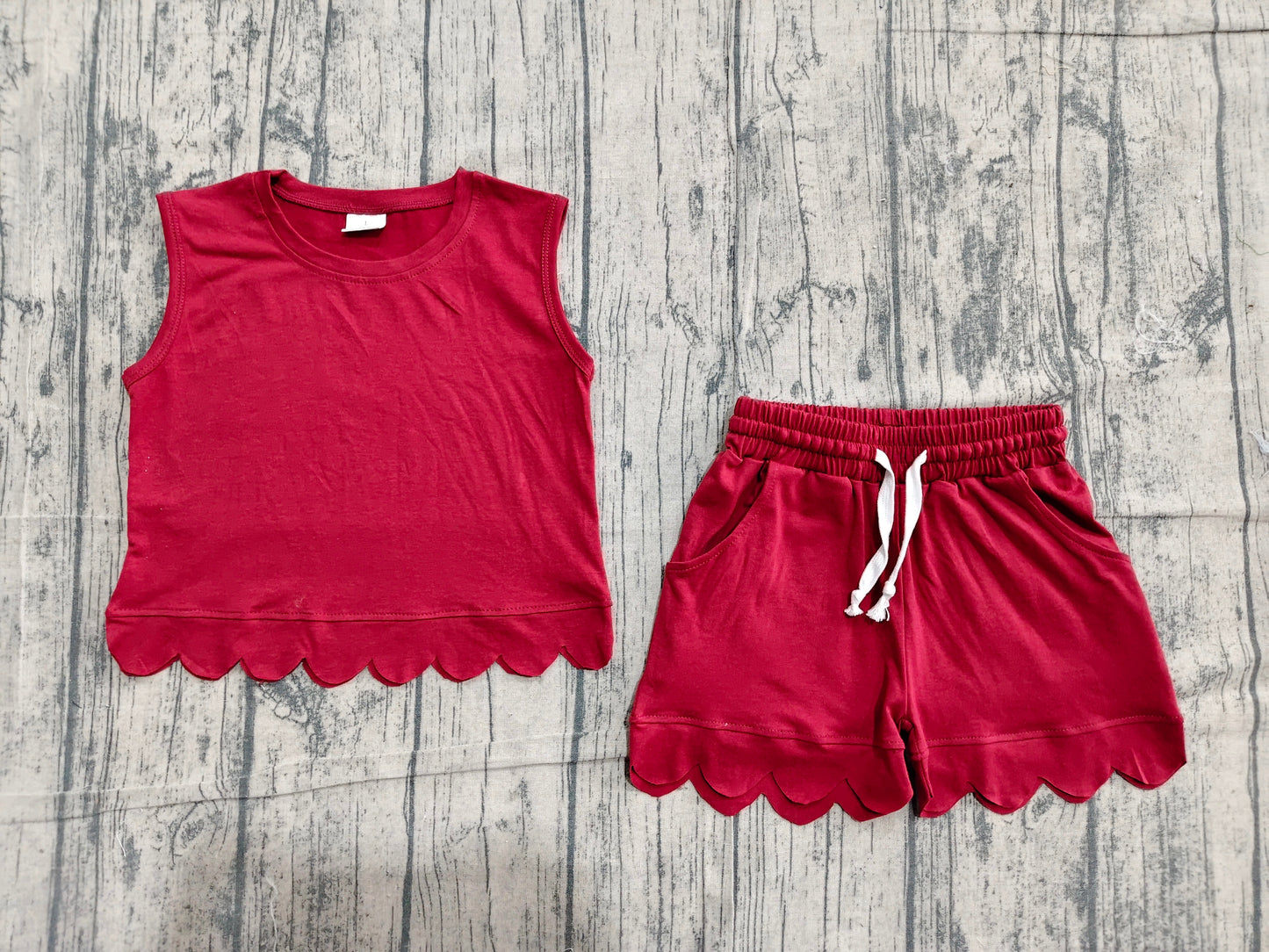 Baby Girls Maroon Sleeveless Vest Top Pockets Short Scallop Clothes Set