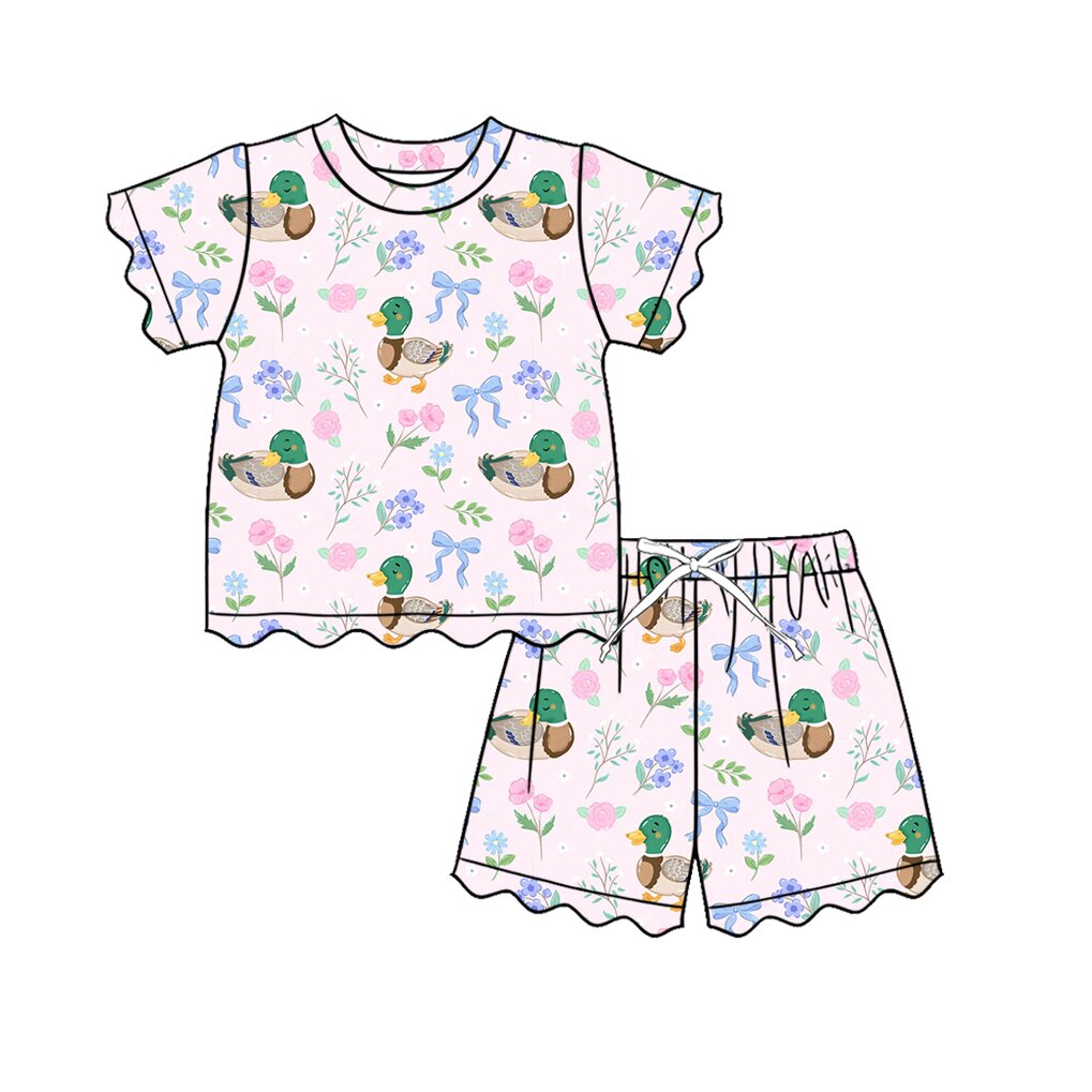 Baby Girls Ducks Flowers Bows Top Short Scallop Clothes Sets Preorder