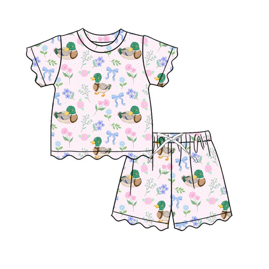 Baby Girls Ducks Flowers Bows Top Short Scallop Clothes Sets Preorder
