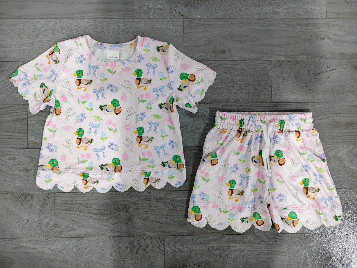 Baby Girls Ducks Flowers Bows Top Pockets Short Hunting Scallop Clothes Sets