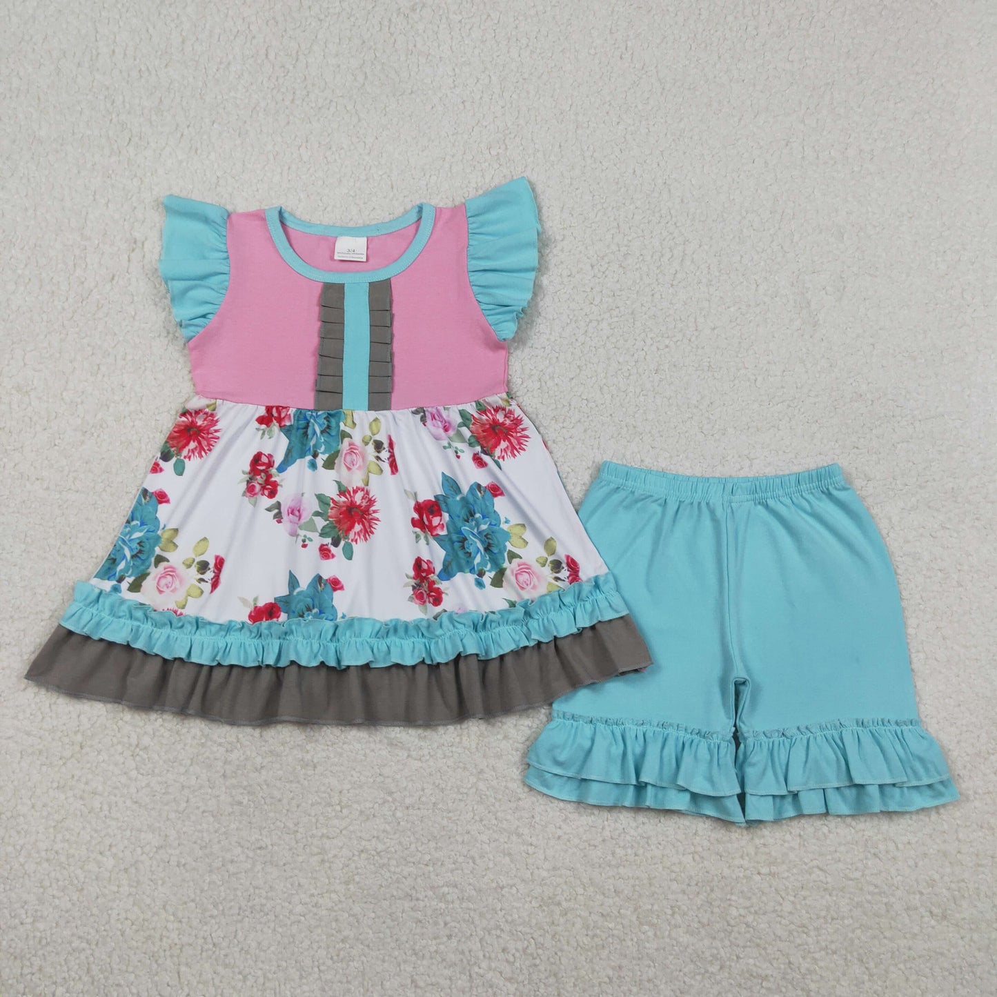 Baby Girls Flutter Sleeve Flowers Tunic Ruffle Pants Clothes Set