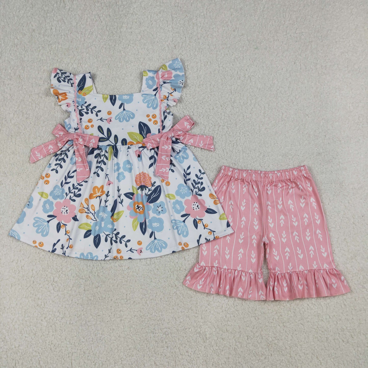 Baby Girls Flutter Sleeve Flowers Tunic Ruffle Shorts Clothes Sets