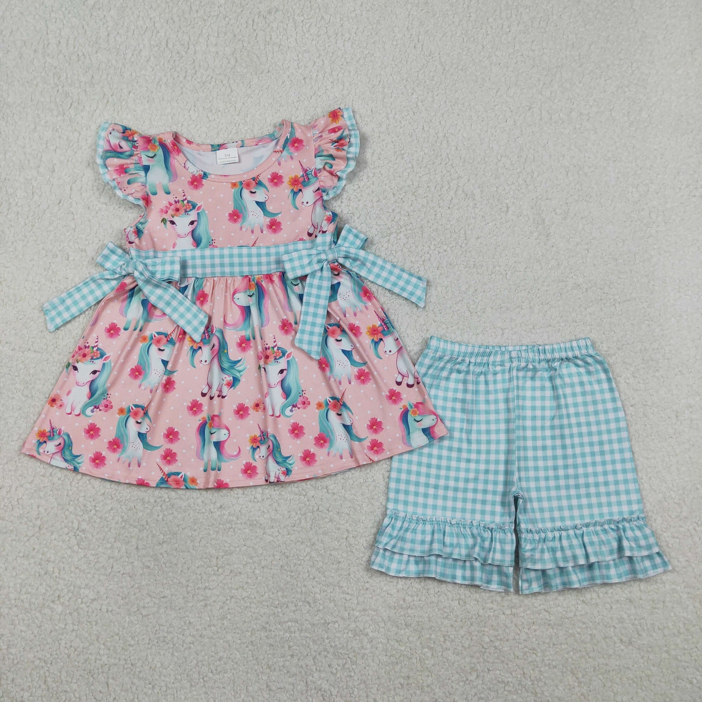 Baby Girls Flutter Sleeve Flowers Horses Tunic Checked Ruffle Shorts Clothes Set