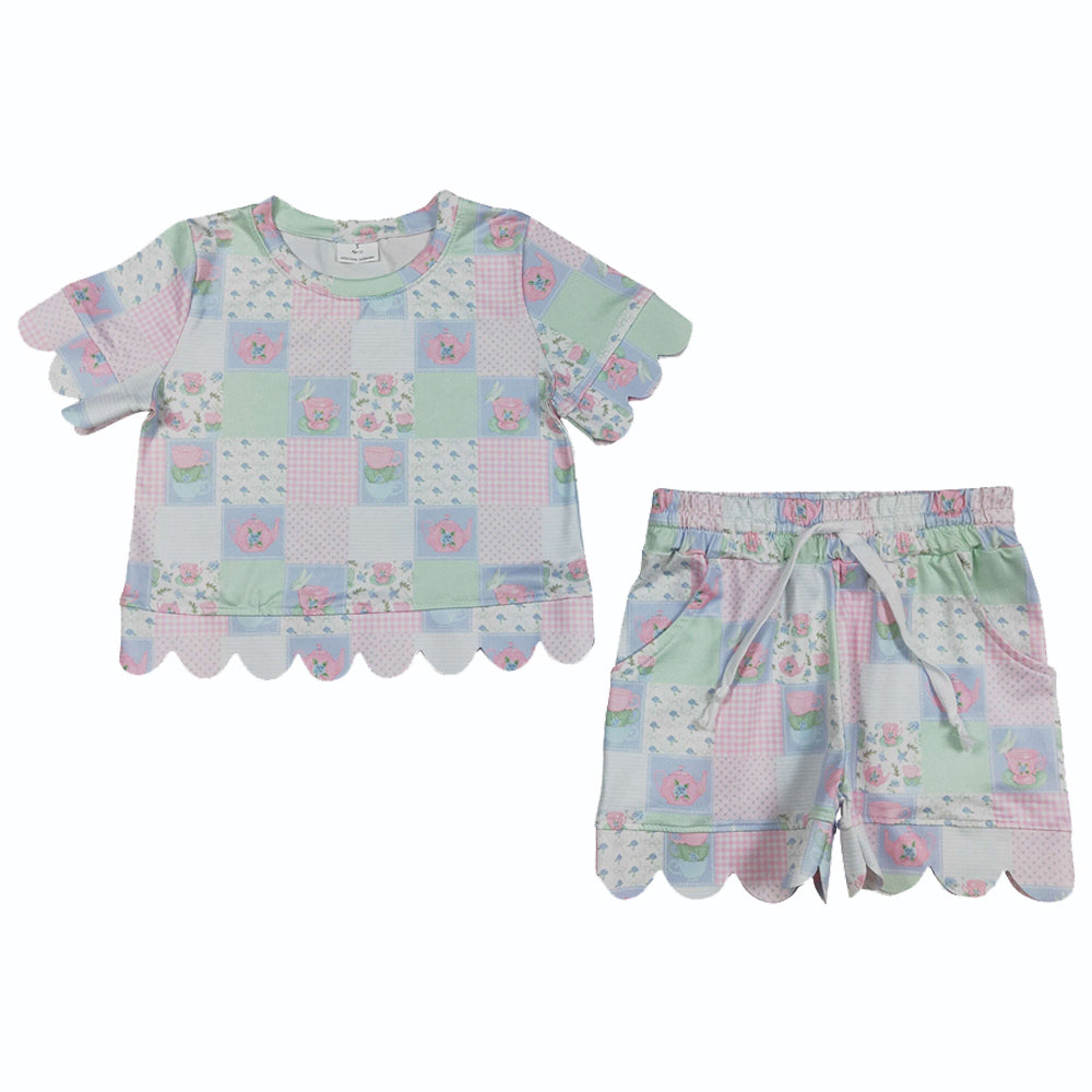 Adult Women Flowers Checked Top Short Scallop Clothes Sets Preorder