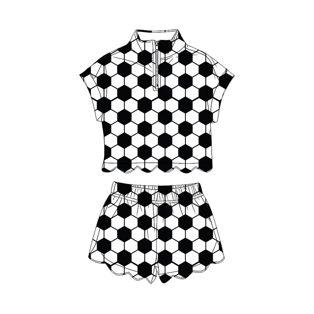 Baby Girls Footballs Checked Zip Top Pockets Short Team Scallop Clothes Set Preorder