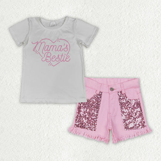 Baby Girls Mama's Bestie Shirt Top Sequin Denim Shorts Clothes Sets