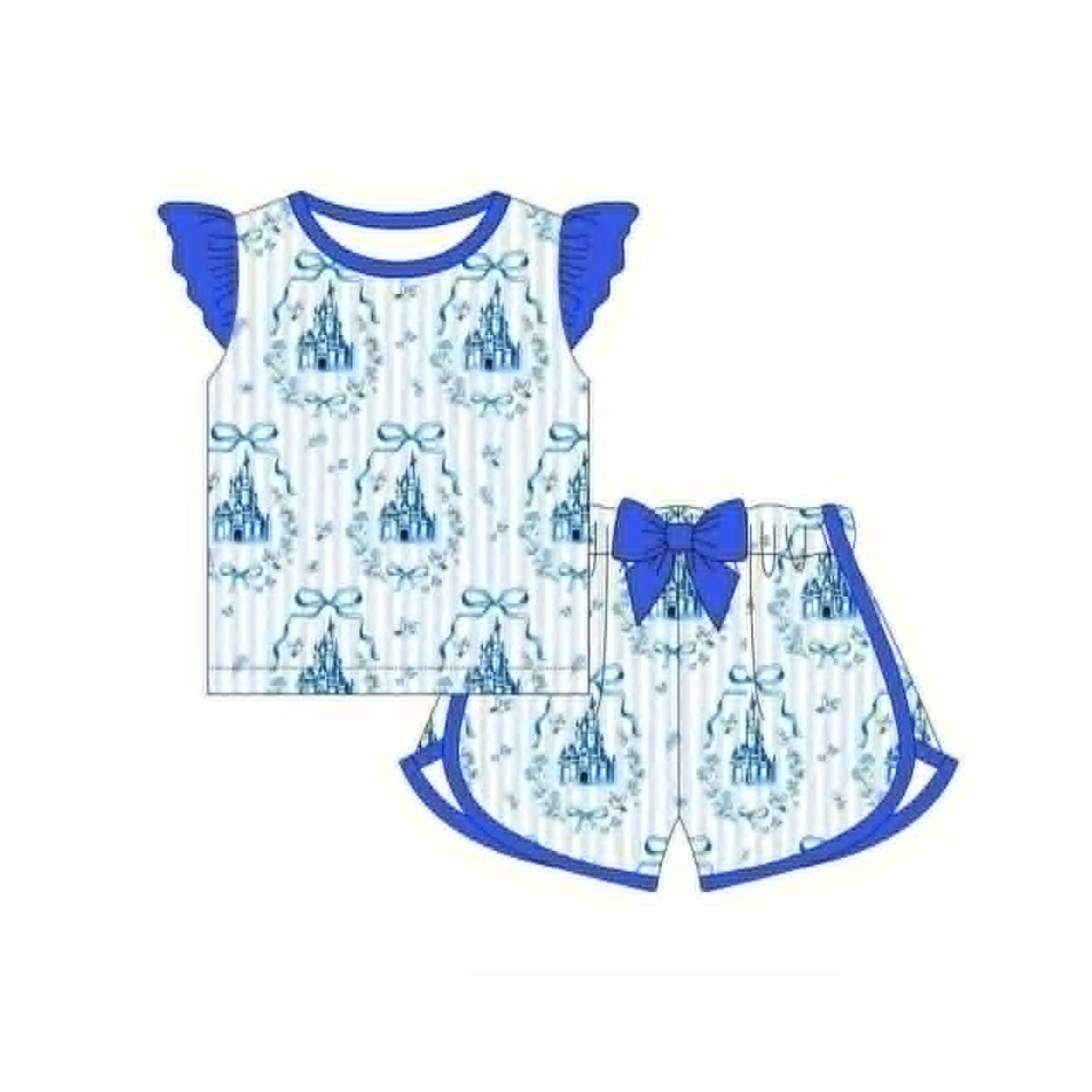 Baby Girls Flutter Sleeve Blule Bows Castles Top Short Clothes Sets Preorder