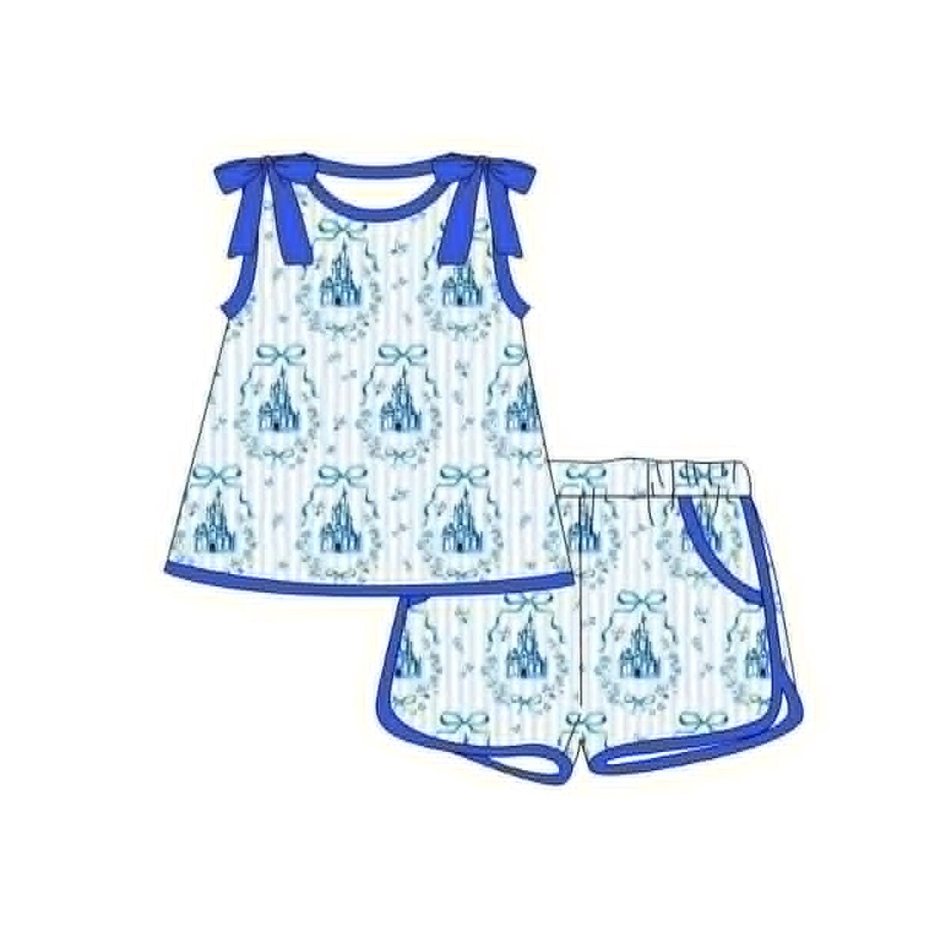 Baby Girls Sleeveless Blue Bows Castles Tunic Short Clothes Sets Preorder