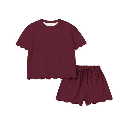 Baby Girls Short Sleeve Maroon Top Short Cotton Scallop Clothes Set Preorder
