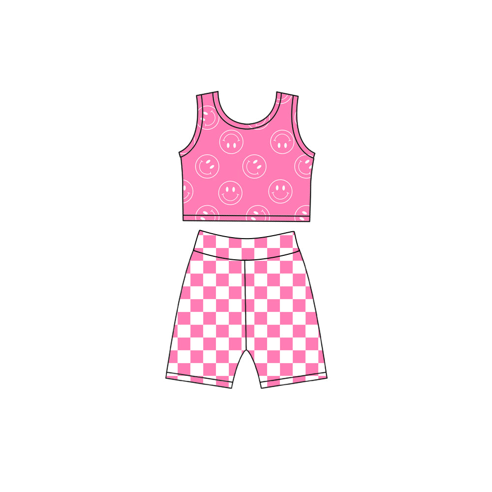 Baby Girls Pink Smiles Vest Top Checked Short Yoga Active Clothes Set Preorder