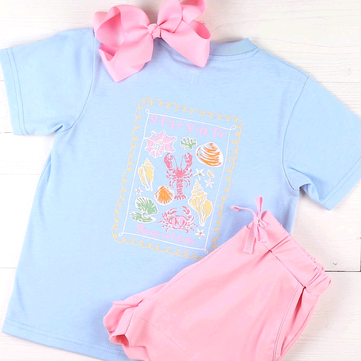 Baby Girls Blue Shirt Crayfish Shells Top Pockets Short Clothes Sets Preorder