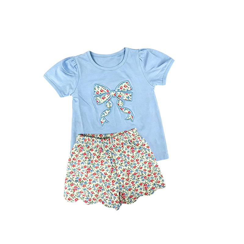 Baby Girls Blue Short Ruffle Sleeve Flowers Bow Top Scallop Short Clothes Sets Preorder