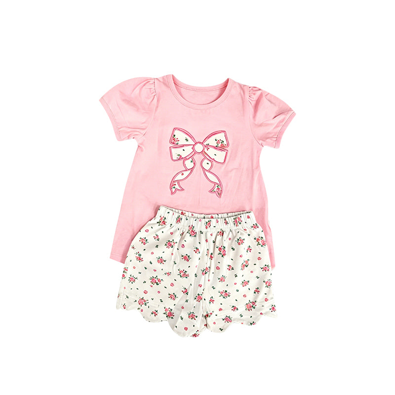 Baby Girls Pink Short Ruffle Sleeve Flowers Bow Top Scallop Short Clothes Sets Preorder
