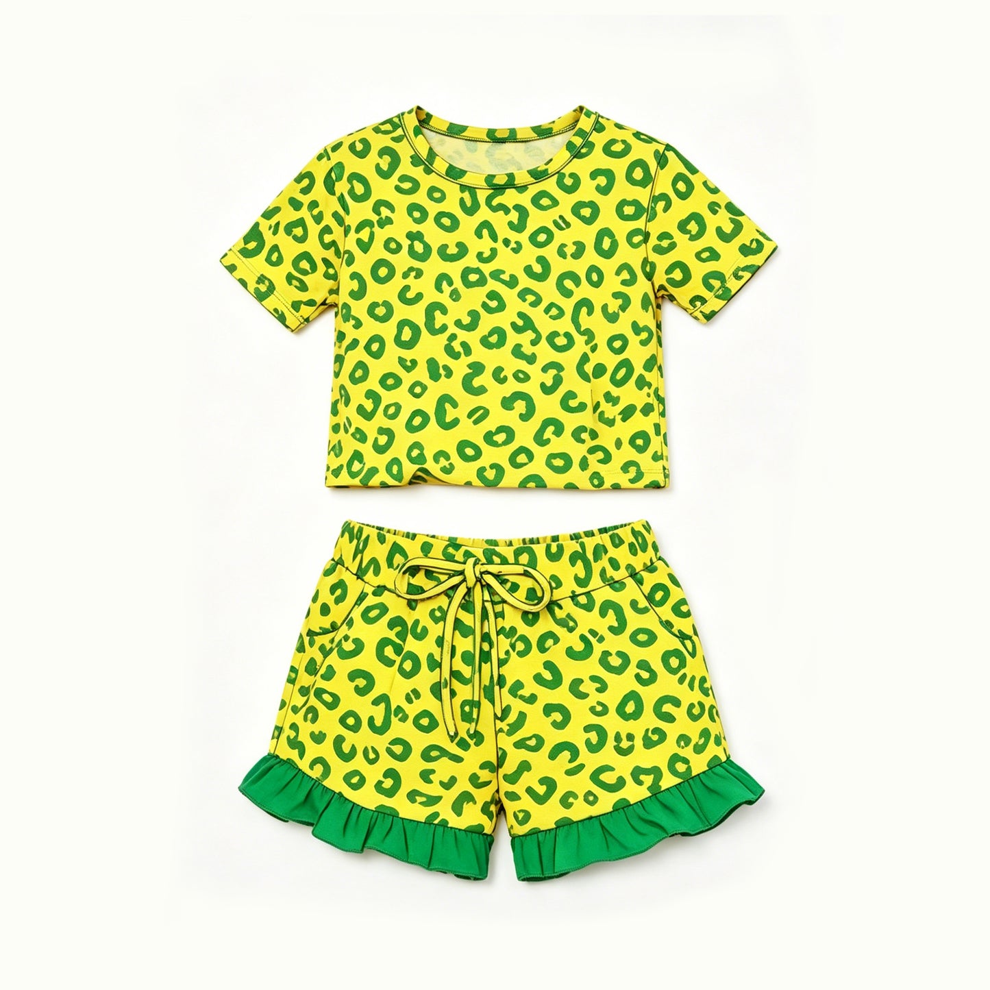 Preorder moq 5 Baby Girls Light Green Leopard Top Pockets Ruffle Short Clothes Set