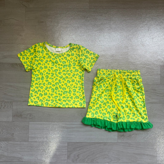 Baby Girls Light Green Leopard Top Pockets Ruffle Short Clothes Sets