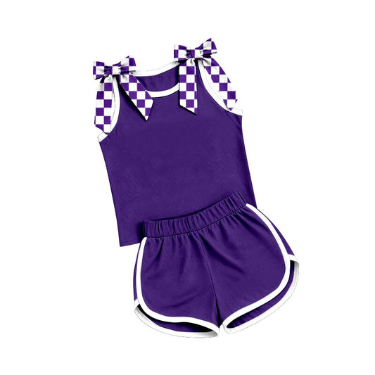 Baby Girls Purple Checked Bows Sleeveless Top Short Clothes Sets Preorder