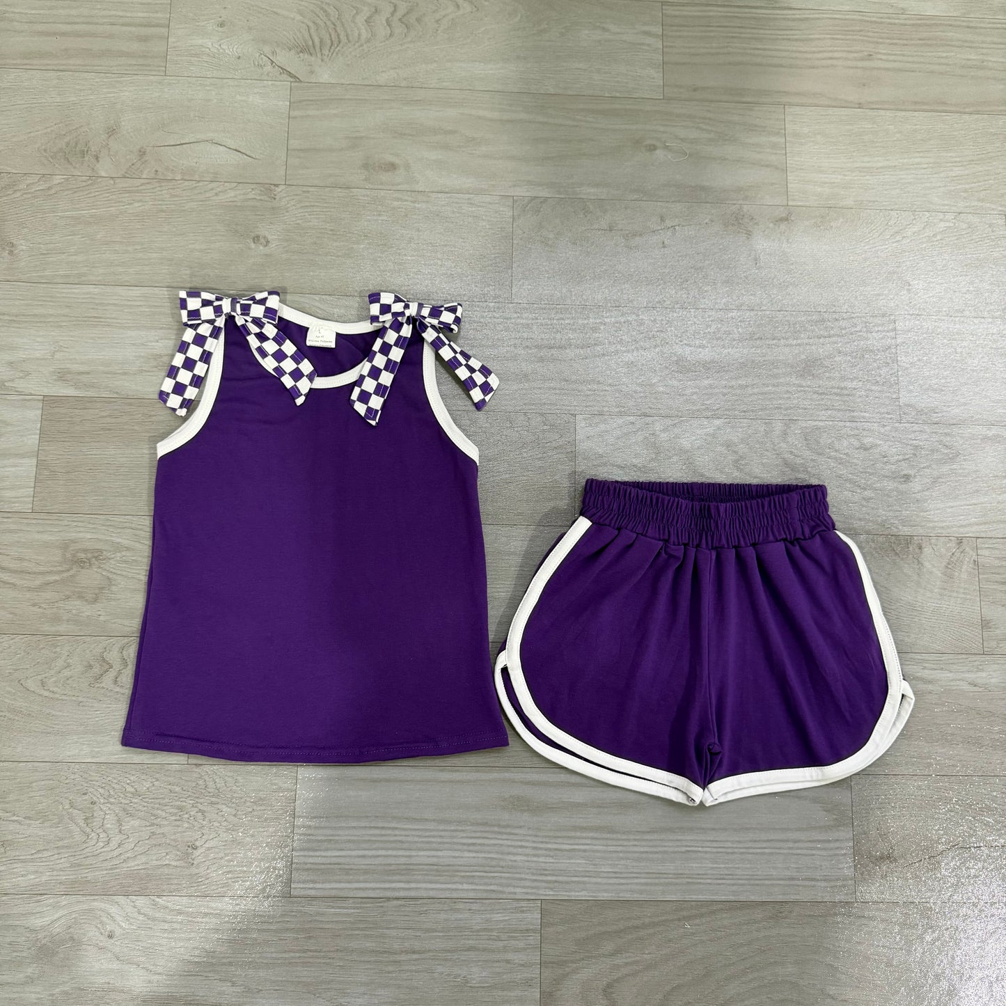 Baby Girls Purple Checked Bows Sleeveless Top Short Clothes Sets